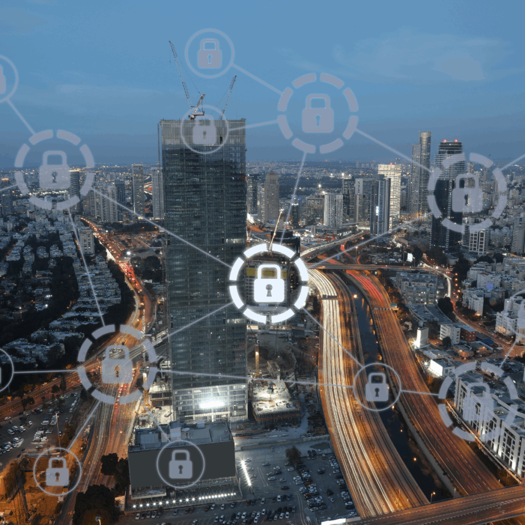 A city view with interconnecting locks overlayed over the top of the image.