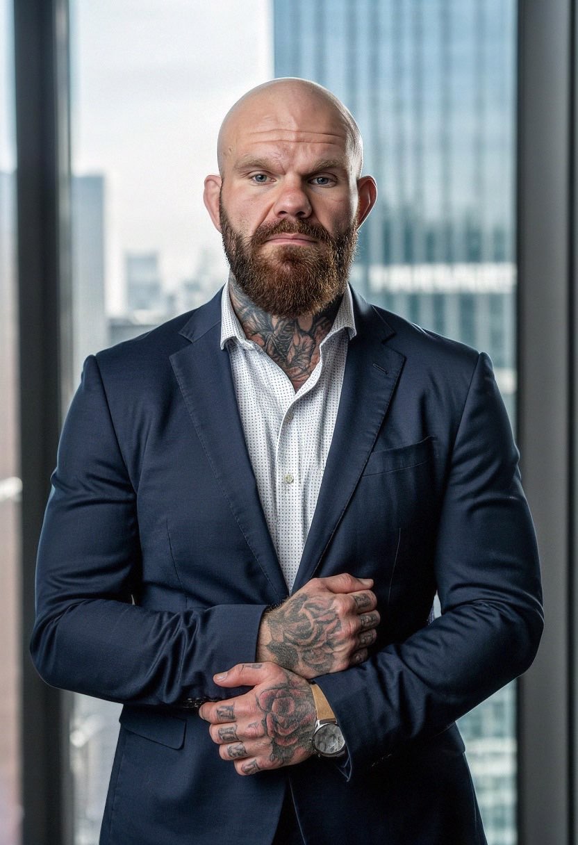 Man standing in front of windows wearing a blue suit, not smiling.