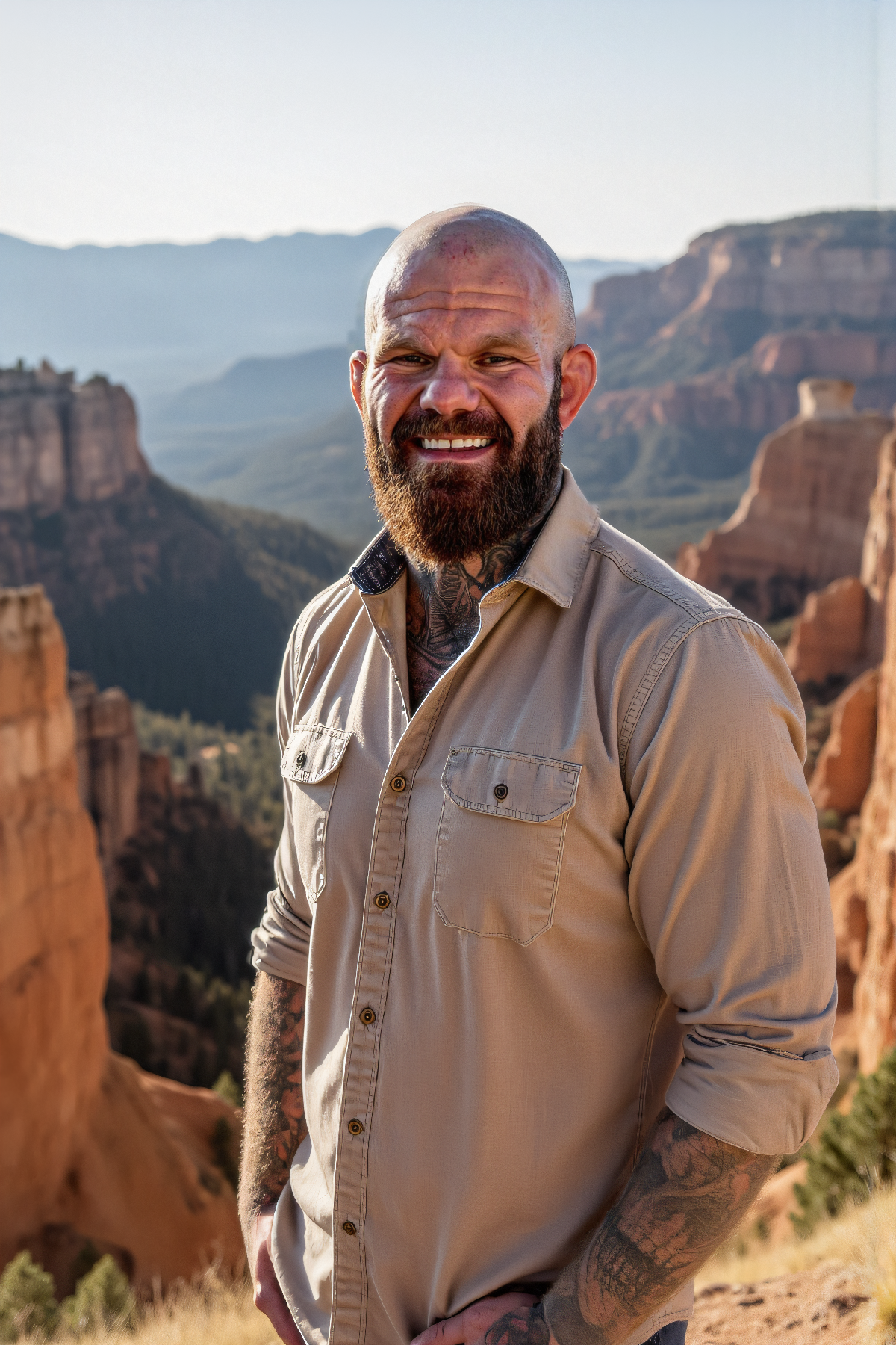 Jerrad Weaver wearing a tan shirt standing in a canyon.