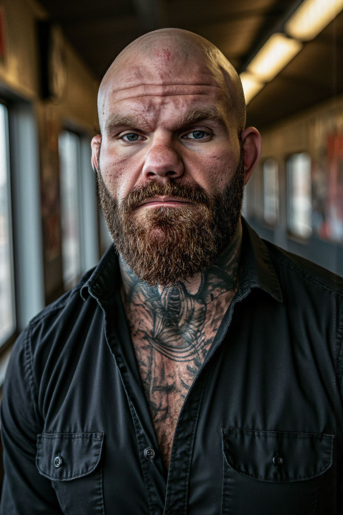 Jerrad Weaver facing the camera with an open black t-shirt and prominent neck tattoos.