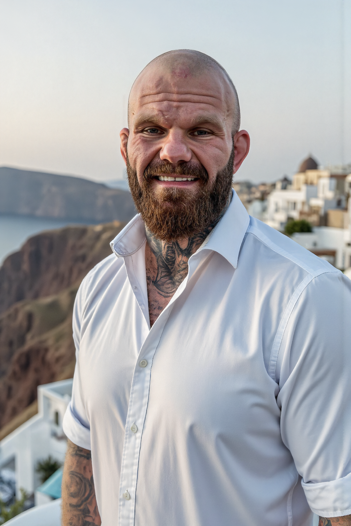 Jerrad Weaver wearing a white collared shirt in Santorini, Greece.
